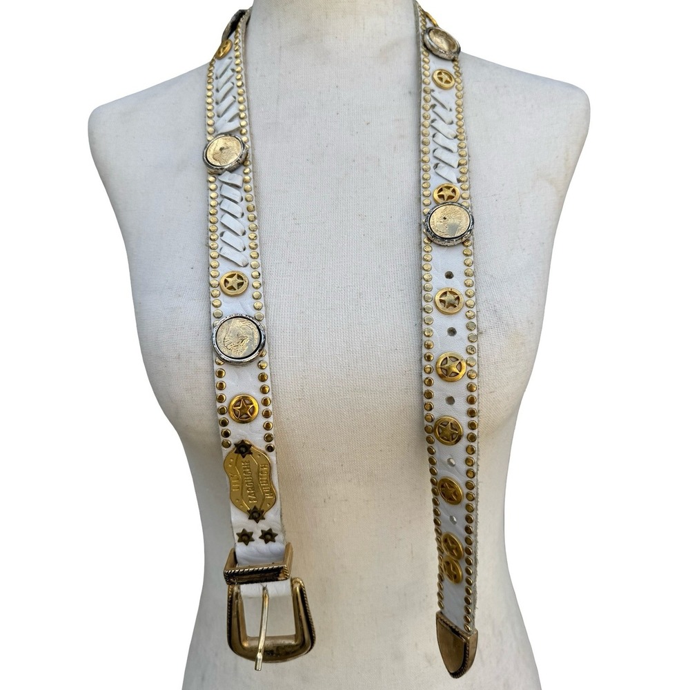 Lily Farouche Munich Vintage White Leather Studded Buffalo Nickel Western Belt - Picture 3 of 13